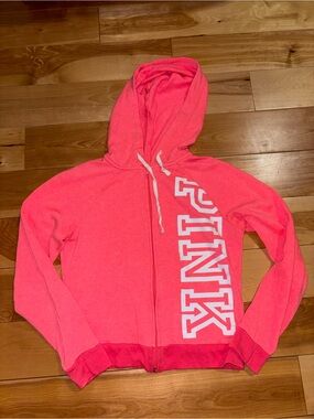 PINK Victoria's Secret Hot Pink Zip Hoodie with White Drawstrings